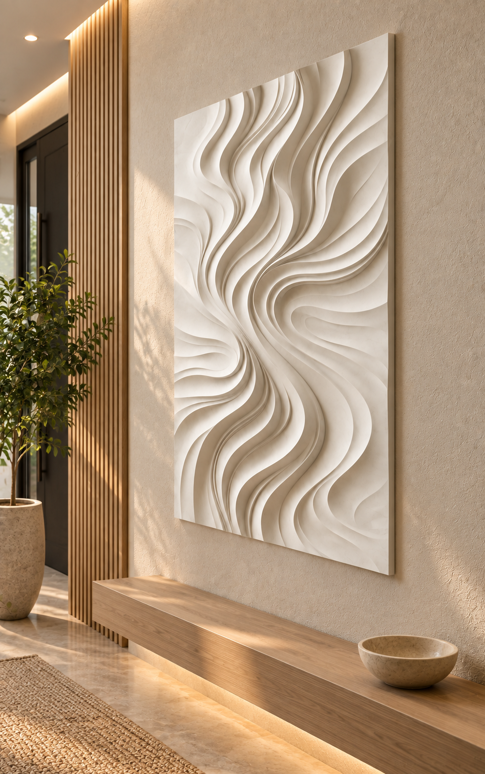 Tapered Flame Current Corian wall panel, 2.5 x 4 ft, right view in a Worli entry passage