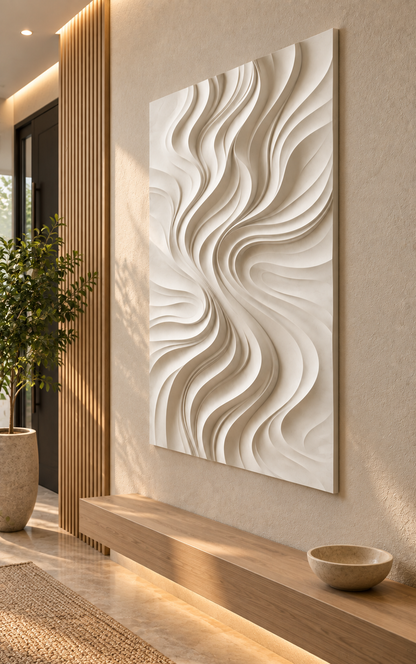 Tapered Flame Current Corian wall panel, 2.5 x 4 ft, right view in a Worli entry passage