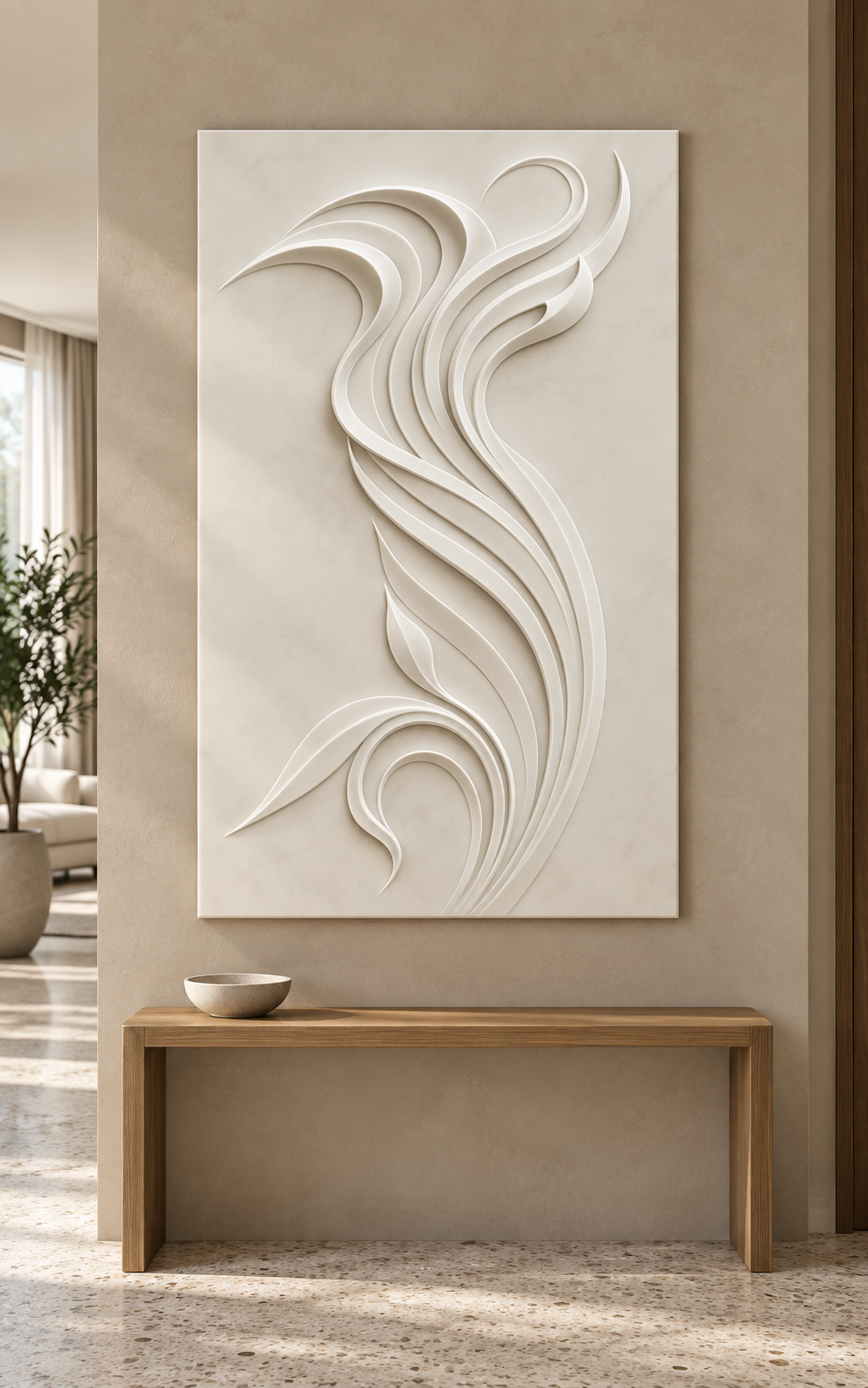 Split Plume Sway Corian wall panel, 2.5 x 4 ft, front view in a Juhu entry foyer