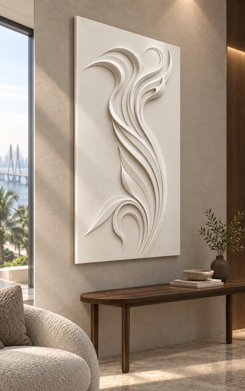 Split Plume Sway Corian wall panel, 2.5 x 4 ft, left view in a Worli lounge alcove