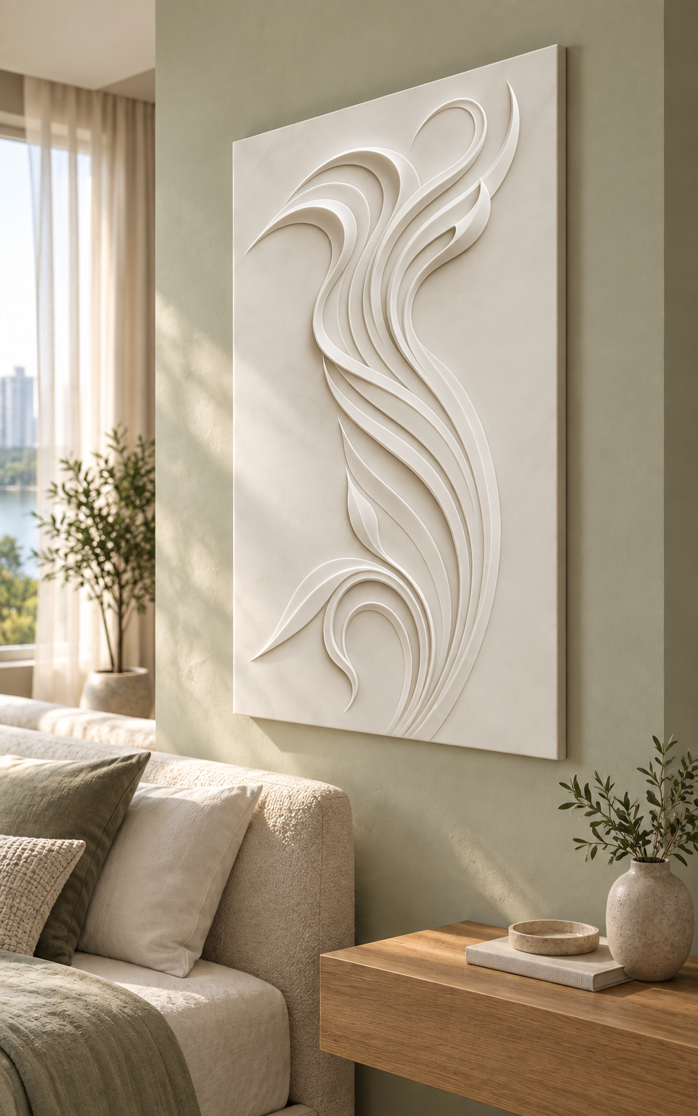 Split Plume Sway Corian wall panel, 2.5 x 4 ft, right view in a Powai bedroom wall