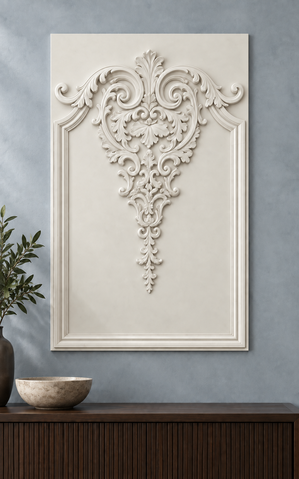 Pendant Acanthus Crest Corian wall panel, 2.5 x 4 ft, front view in a Malabar Hill console wall