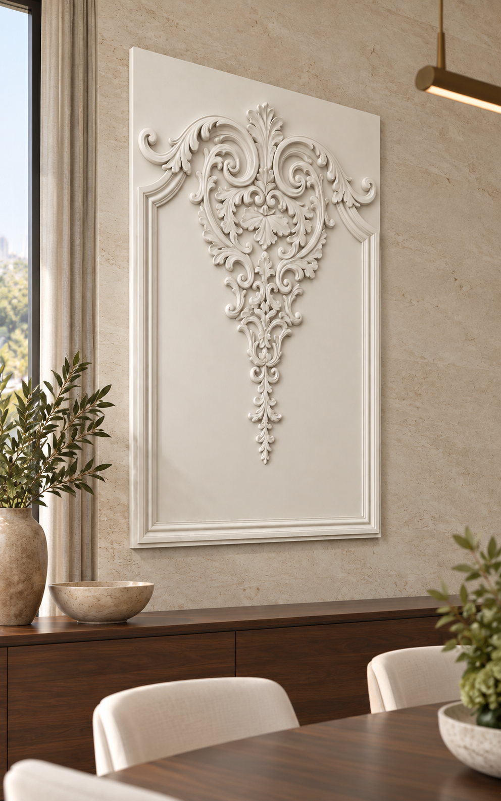 Pendant Acanthus Crest Corian wall panel, 2.5 x 4 ft, left view in a Bandra dining room