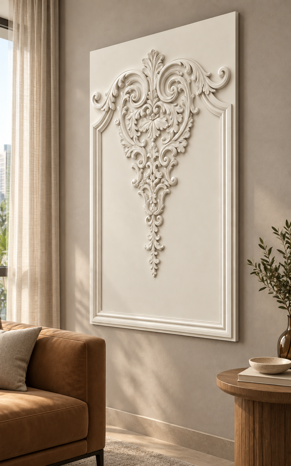 Pendant Acanthus Crest Corian wall panel, 2.5 x 4 ft, right view in a Powai formal lounge