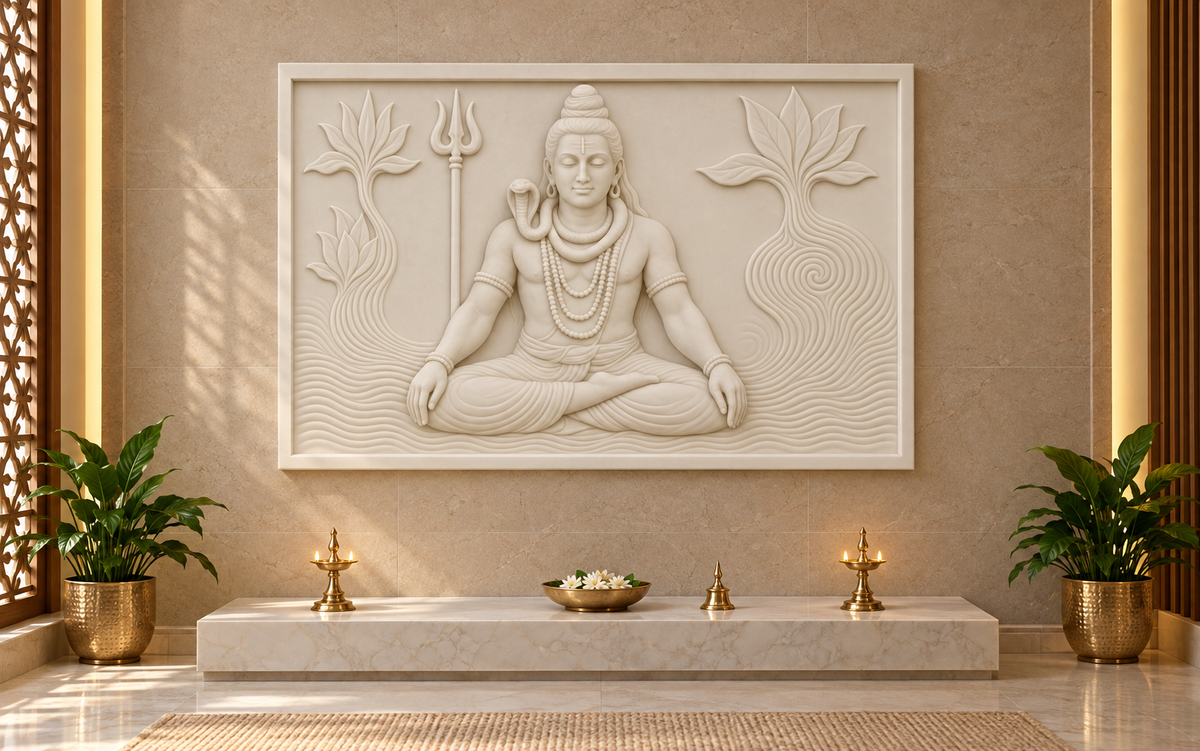 Shiva Lotus Meditation Corian wall panel, 4 x 2.5 ft, front view in a Ghatkopar apartment pooja room