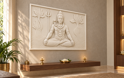 Shiva Lotus Meditation Corian wall panel, 4 x 2.5 ft, left view in a Juhu family prayer alcove