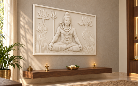 Shiva Lotus Meditation Corian wall panel, 4 x 2.5 ft, left view in a Juhu family prayer alcove