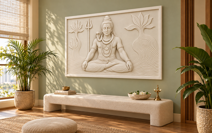 Shiva Lotus Meditation Corian wall panel, 4 x 2.5 ft, right view in a Powai meditation room
