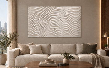 Crosswind Contour Field Corian wall panel, 4 x 2.5 ft, front view in a Bandra living-room seating wall
