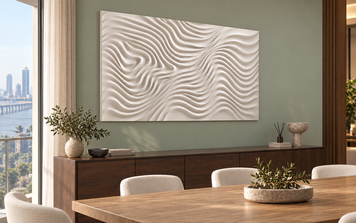 Crosswind Contour Field Corian wall panel, 4 x 2.5 ft, left view in a Worli dining sideboard wall