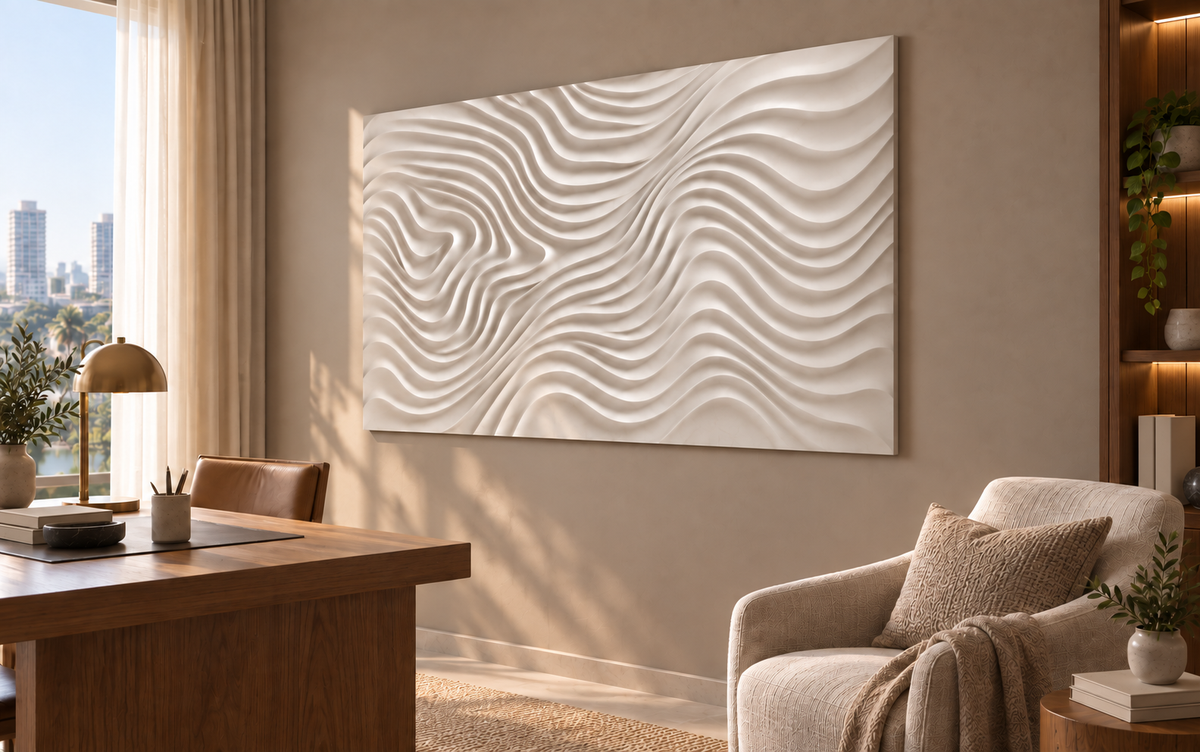 Crosswind Contour Field Corian wall panel, 4 x 2.5 ft, right view in a Powai study lounge