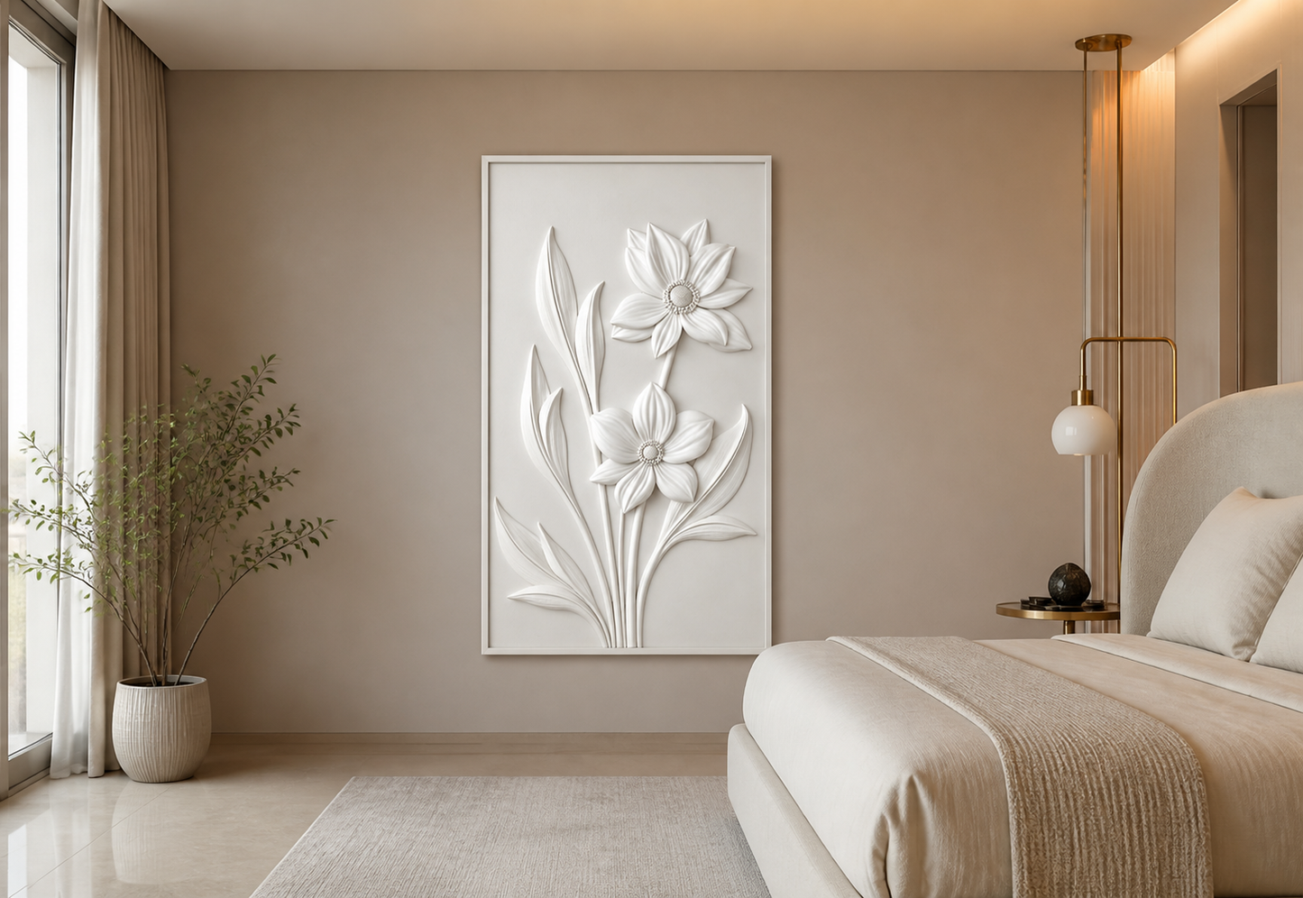 Twin Star Blooms white Corian wall panel front view in soft-taupe Mumbai bedroom