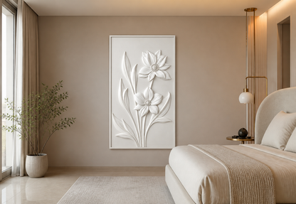 Twin Star Blooms white Corian wall panel front view in soft-taupe Mumbai bedroom