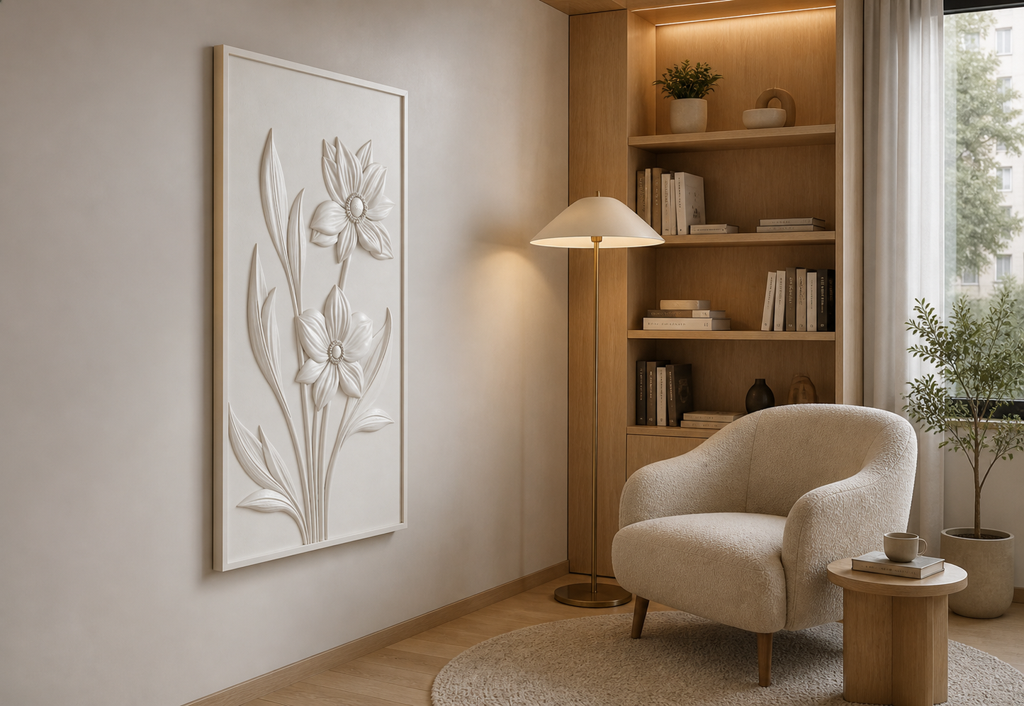 Twin Star Blooms white Corian wall panel left angle in light-oak Mumbai reading nook