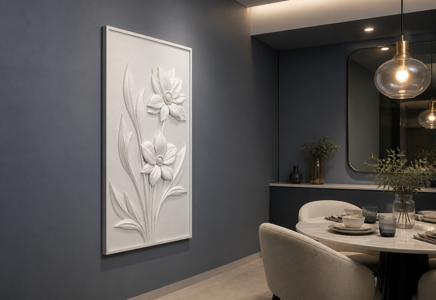 Twin Star Blooms white Corian wall panel right angle in dusky-blue Mumbai dining corner