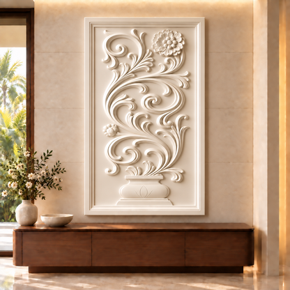 Blossom Urn Scroll Corian wall panel, 2.5 x 4 ft, front view in a Juhu entry vestibule