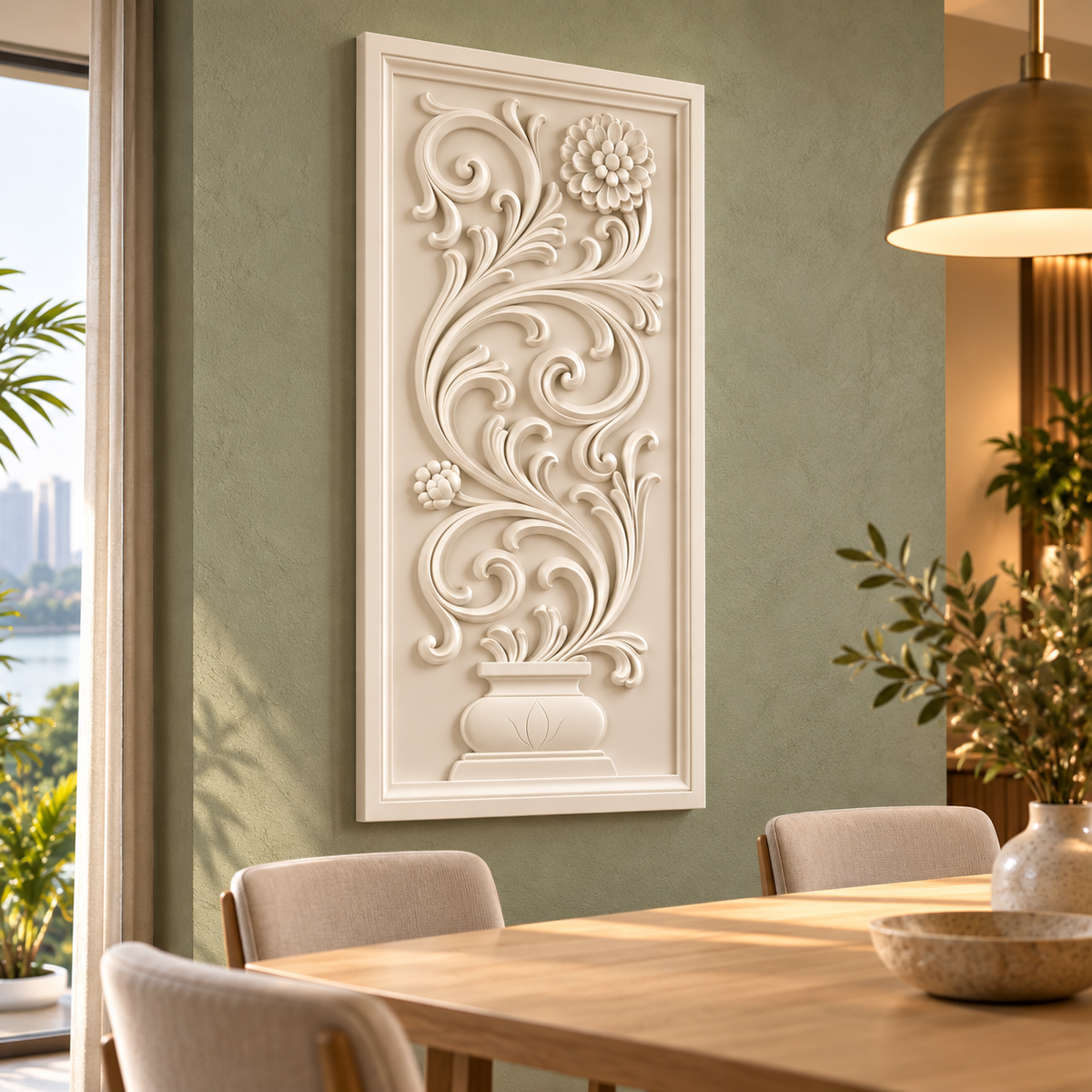 Blossom Urn Scroll Corian wall panel, 2.5 x 4 ft, left view in a Powai dining room