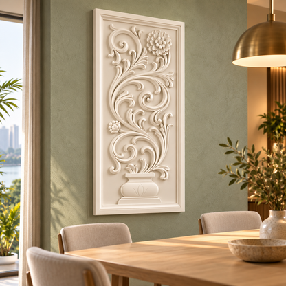 Blossom Urn Scroll Corian wall panel, 2.5 x 4 ft, left view in a Powai dining room