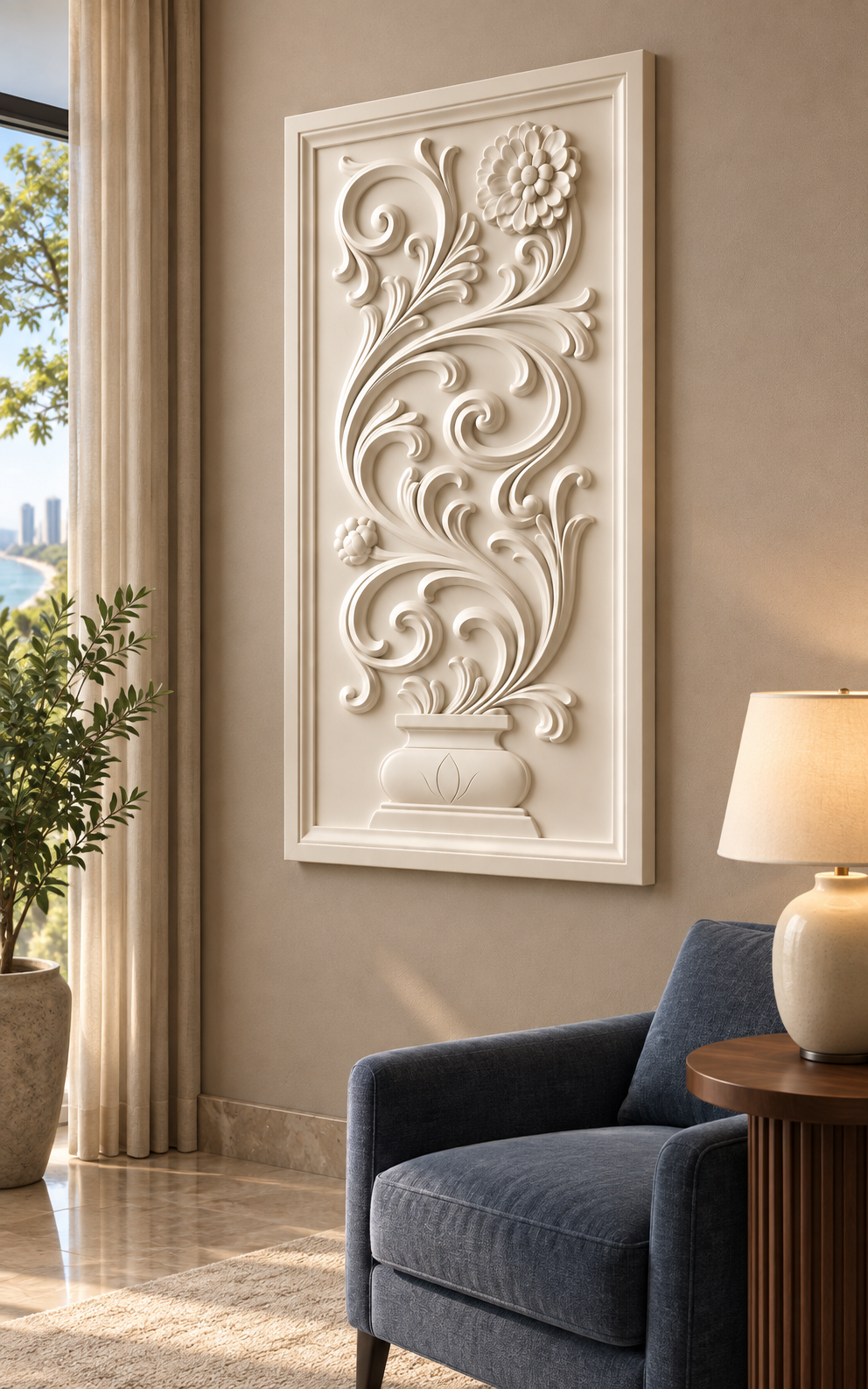 Blossom Urn Scroll Corian wall panel, 2.5 x 4 ft, right view in a Malabar Hill reading room