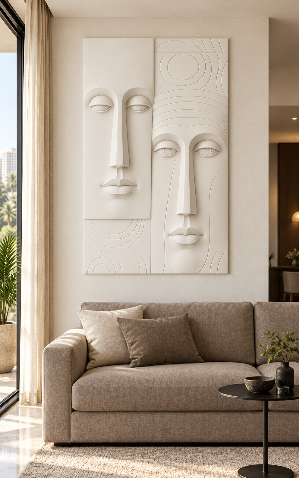 Twin Contemplative Faces Corian wall panel, 2.5 x 4 ft, front view in a Bandra living room