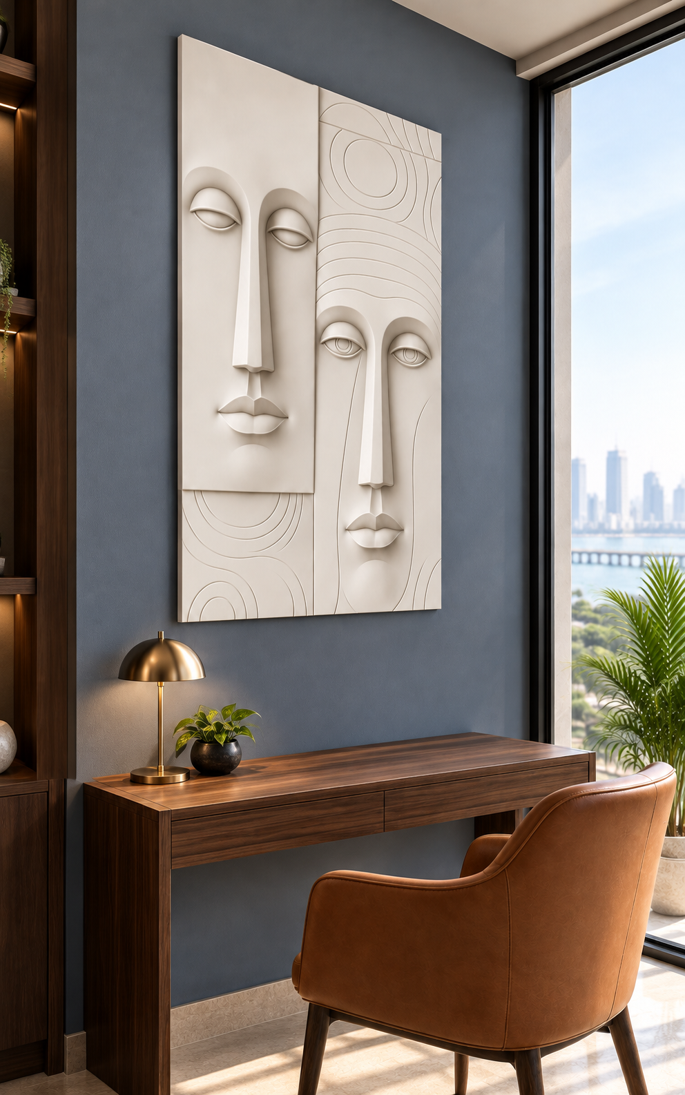 Twin Contemplative Faces Corian wall panel, 2.5 x 4 ft, left view in a Worli study corner