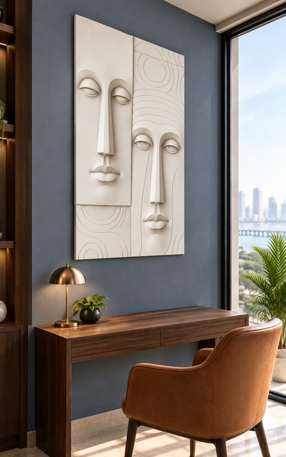 Twin Contemplative Faces Corian wall panel, 2.5 x 4 ft, left view in a Worli study corner