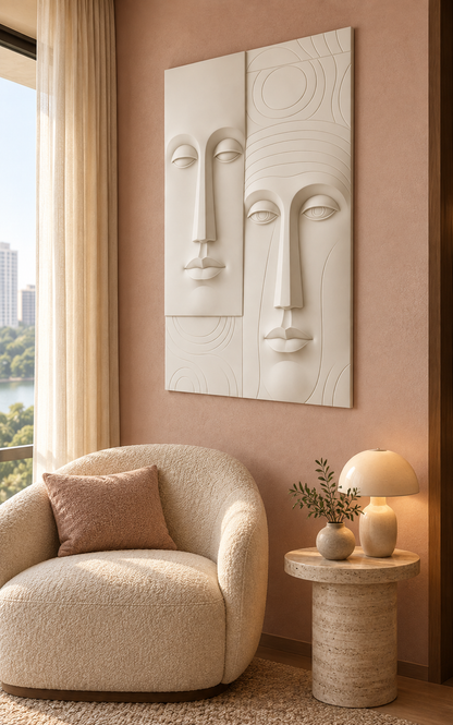 Twin Contemplative Faces Corian wall panel, 2.5 x 4 ft, right view in a Powai bedroom reading area
