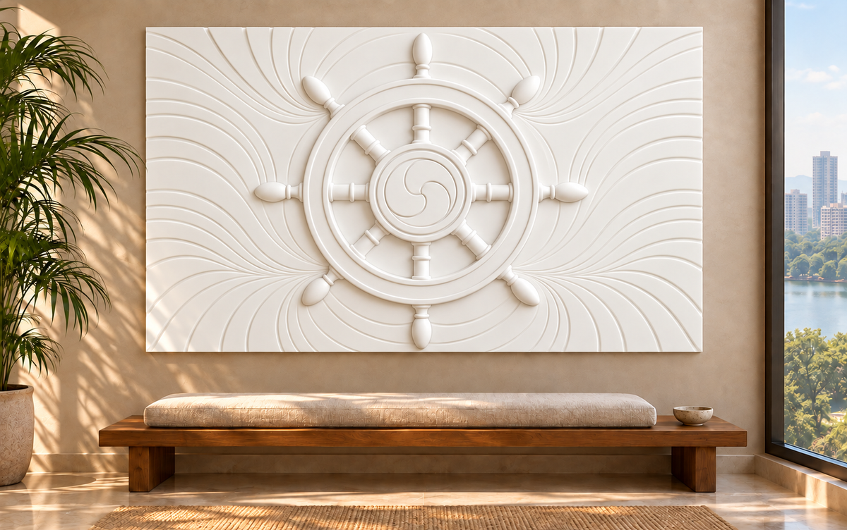 Eight Spoke Emblem Wheel Corian wall panel, 4 x 2.5 ft, front view in a Powai meditation alcove