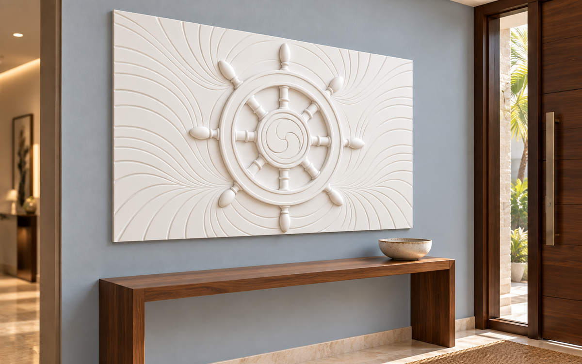 Eight Spoke Emblem Wheel Corian wall panel, 4 x 2.5 ft, left view in a Bandra entry foyer
