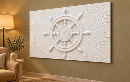 Eight Spoke Emblem Wheel Corian wall panel, 4 x 2.5 ft, right view in a Juhu reading lounge