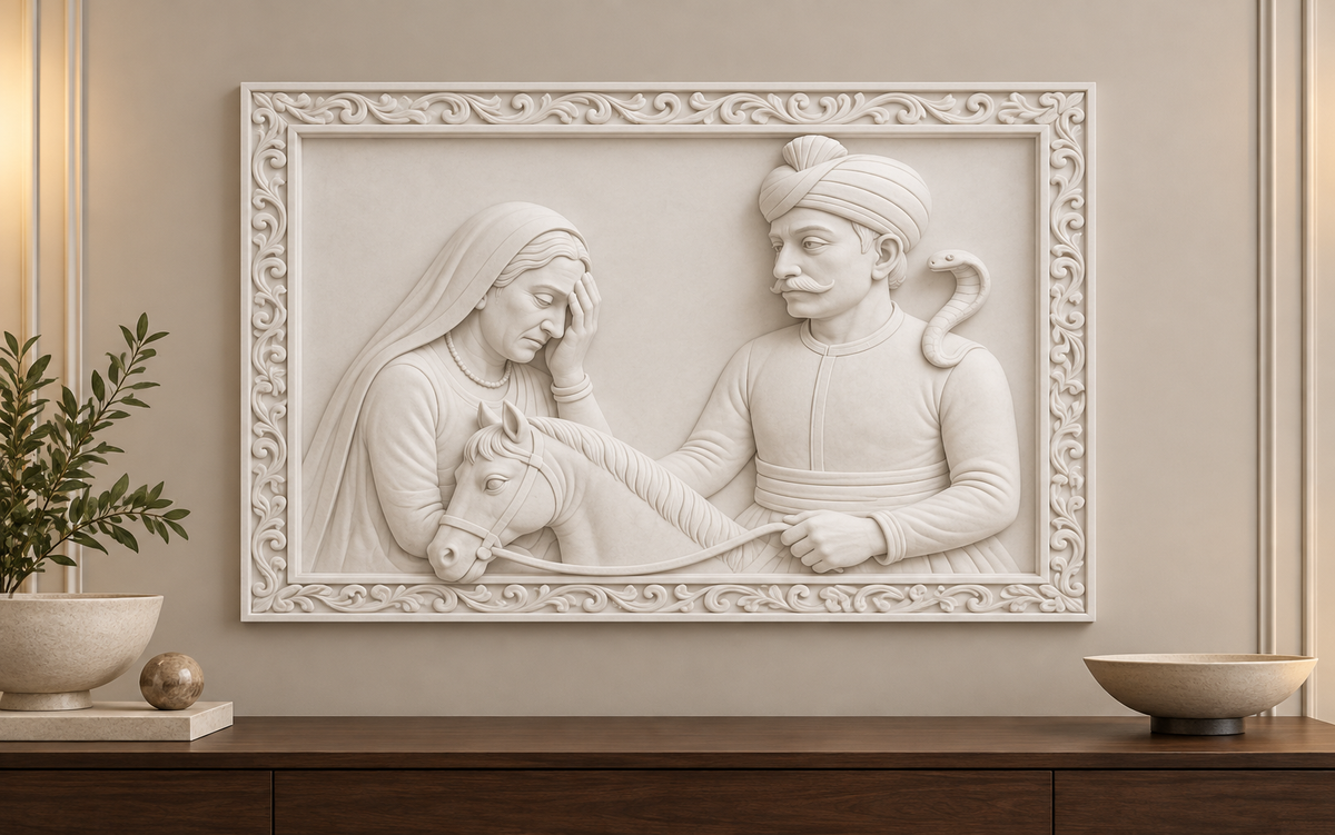 Horseman and Veiled Companion Corian wall panel, 4 x 2.5 ft, front view in a Malabar Hill living-room console wall