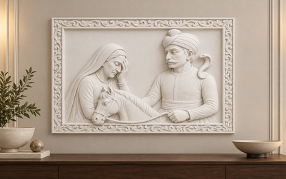 Horseman and Veiled Companion Corian wall panel, 4 x 2.5 ft, front view in a Malabar Hill living-room console wall