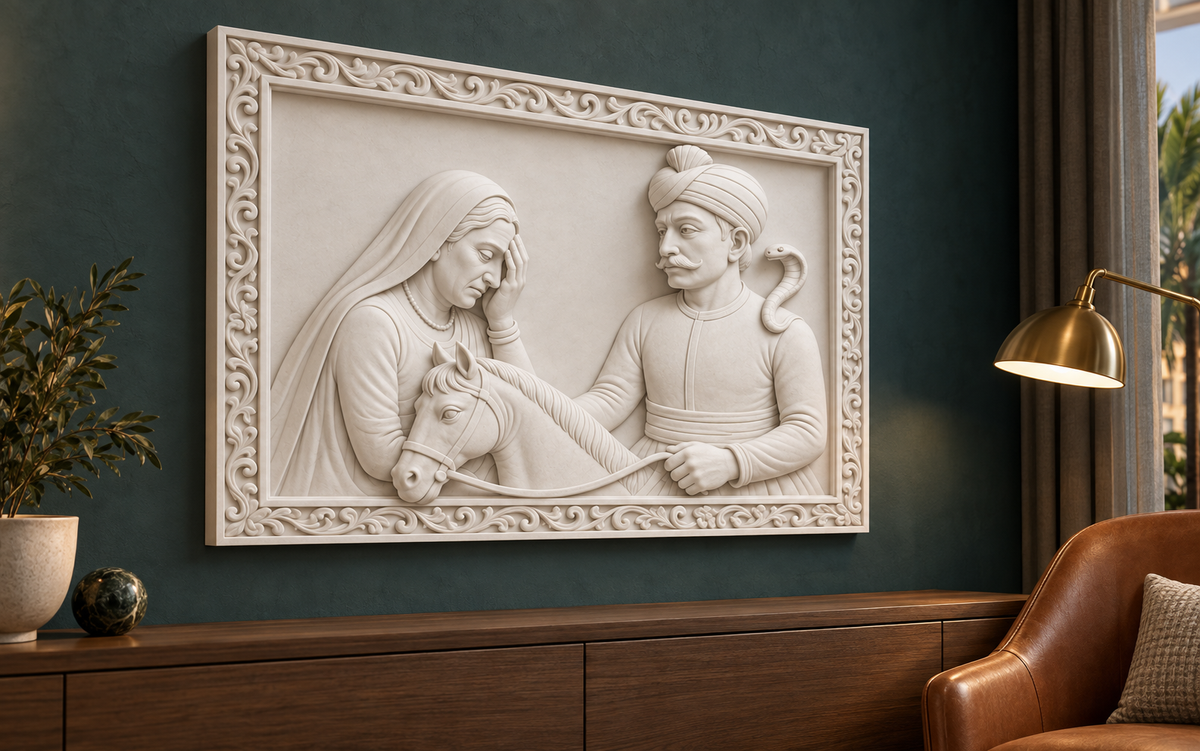 Horseman and Veiled Companion Corian wall panel, 4 x 2.5 ft, left view in a Bandra study lounge