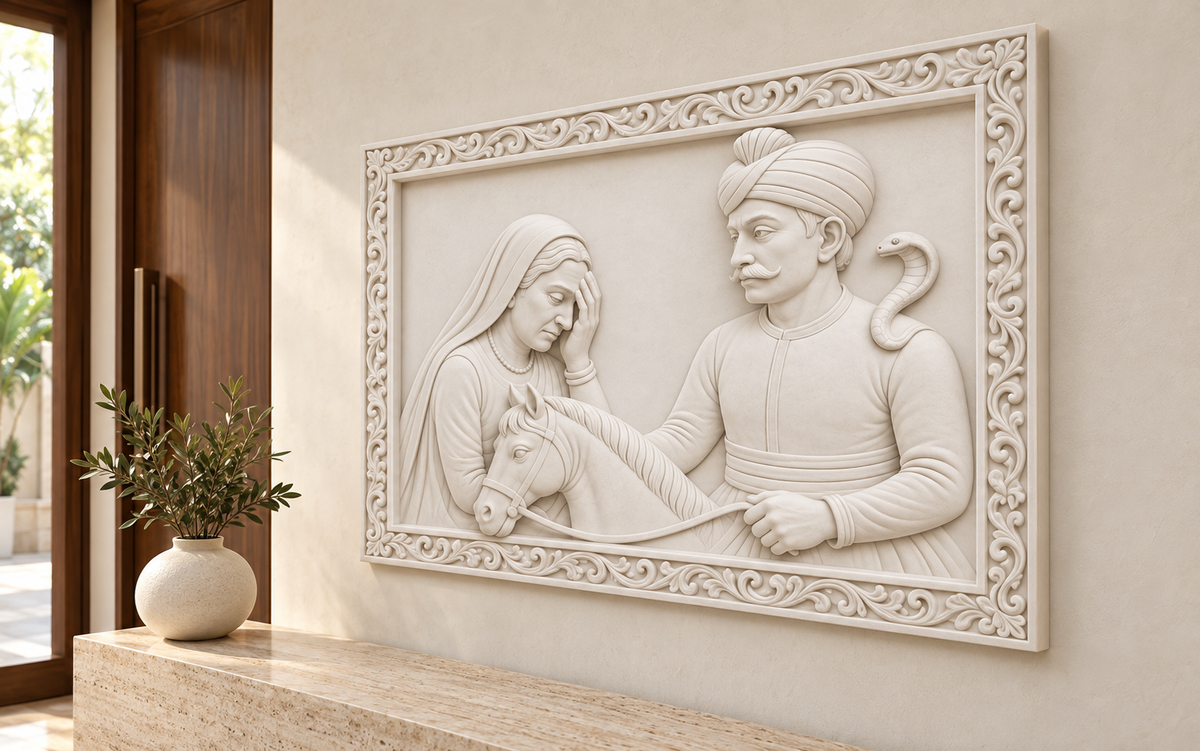 Horseman and Veiled Companion Corian wall panel, 4 x 2.5 ft, right view in a Juhu entry gallery