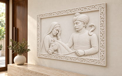 Horseman and Veiled Companion Corian wall panel, 4 x 2.5 ft, right view in a Juhu entry gallery
