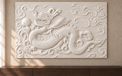 Coiling Dragon Flourish Corian wall panel, 4 x 2.5 ft, front view in a Worli living-room console wall