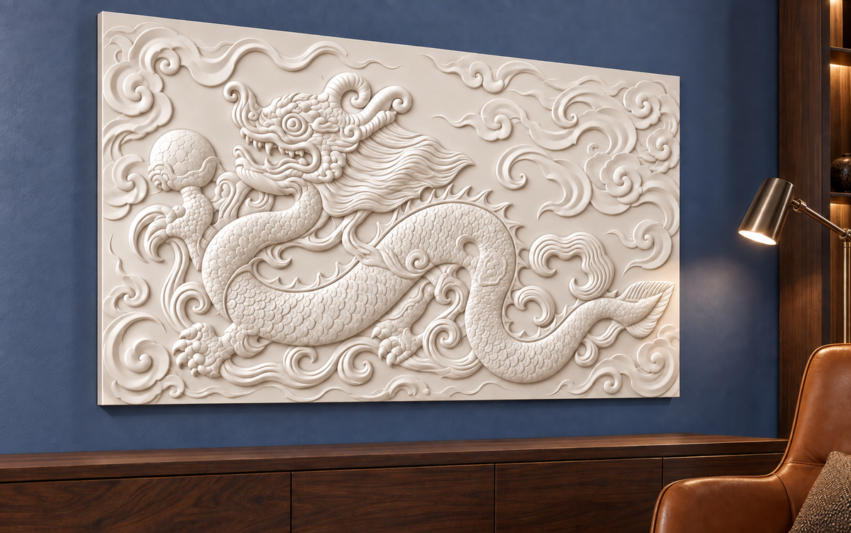 Coiling Dragon Flourish Corian wall panel, 4 x 2.5 ft, left view in a Bandra study lounge