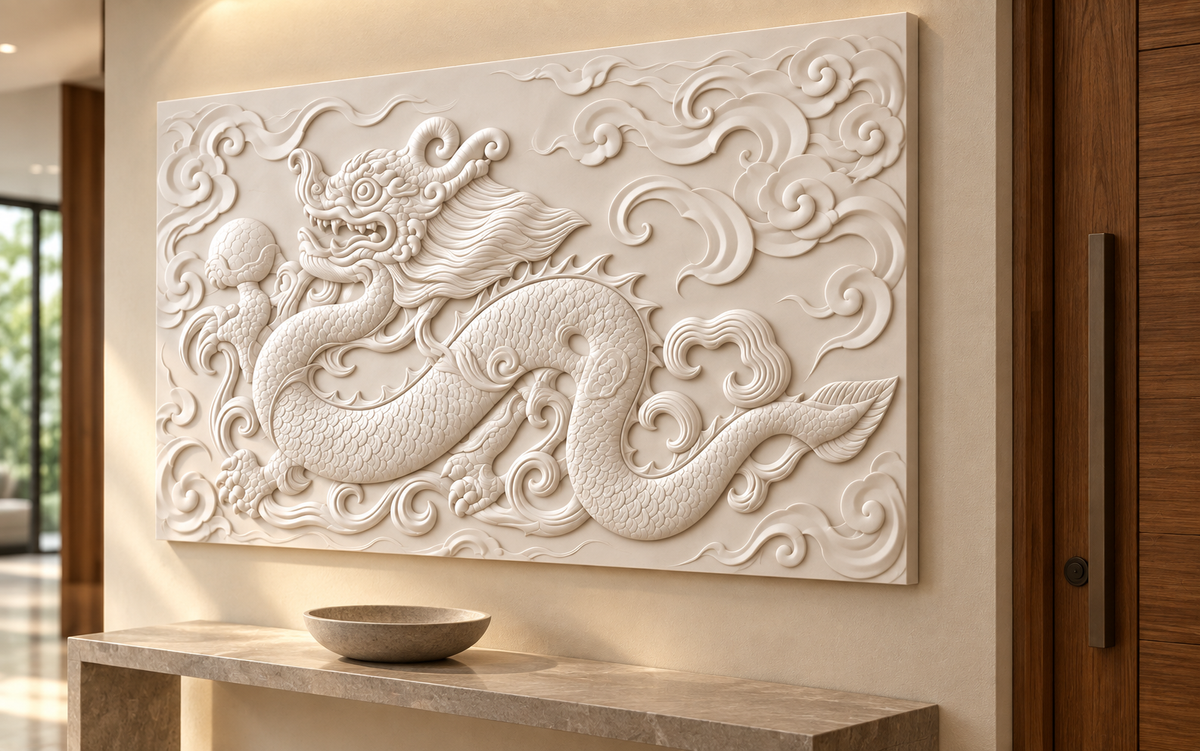 Coiling Dragon Flourish Corian wall panel, 4 x 2.5 ft, right view in a Powai entry foyer