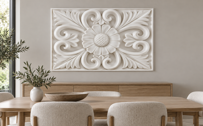 Daisy Scroll Rosette Corian wall panel, 4 x 2.5 ft, front view in a Powai dining nook