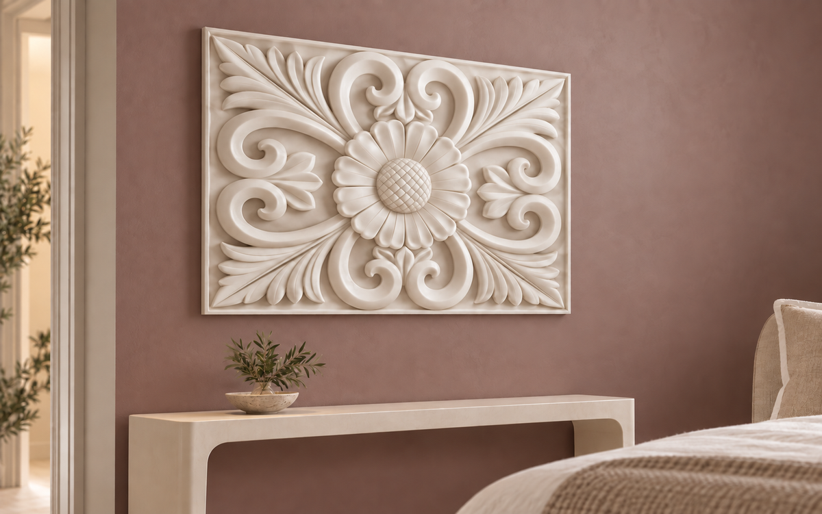 Daisy Scroll Rosette Corian wall panel, 4 x 2.5 ft, left view in a Juhu bedroom console wall