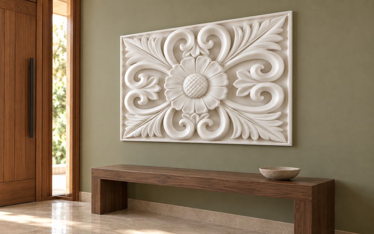 Daisy Scroll Rosette Corian wall panel, 4 x 2.5 ft, right view in a Bandra entry foyer