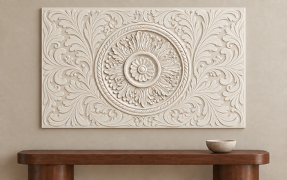 Acanthus Sun Medallion Corian wall panel, 4 x 2.5 ft, front view in a Malabar Hill lounge console wall