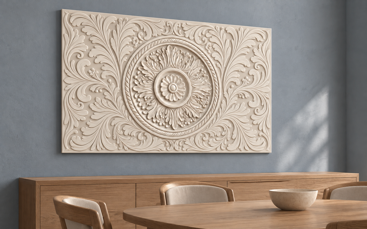 Acanthus Sun Medallion Corian wall panel, 4 x 2.5 ft, left view in a Bandra dining corner