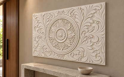 Acanthus Sun Medallion Corian wall panel, 4 x 2.5 ft, right view in a Powai entry foyer