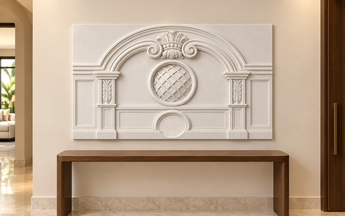 Lattice Oculus Arch Corian wall panel, 4 x 2.5 ft, front view in a Juhu entry foyer