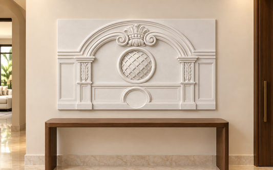 Lattice Oculus Arch Corian wall panel, 4 x 2.5 ft, front view in a Juhu entry foyer