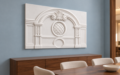 Lattice Oculus Arch Corian wall panel, 4 x 2.5 ft, left view in a Bandra dining room