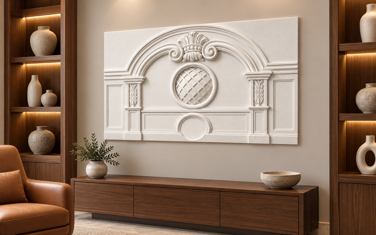 Lattice Oculus Arch Corian wall panel, 4 x 2.5 ft, right view in a Worli library alcove