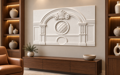 Lattice Oculus Arch Corian wall panel, 4 x 2.5 ft, right view in a Worli library alcove