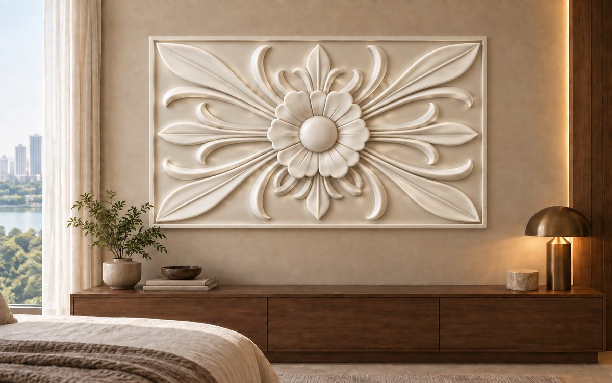 Petal Compass Relief Corian wall panel, 4 x 2.5 ft, front view in a Powai bedroom console wall